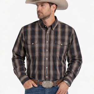 Panhandle Slim Pearl Snap Shirt Mens L Black Plaid Long Sleeve Western Orange